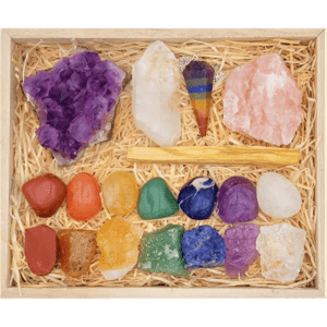 Deluxe Healing Crystals in Wooden Box - 7 Chakra Set Tumbled & Raw Stones