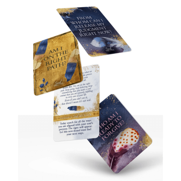 A set of Soul Truth Self-Awareness Card Deck cards with a blue and gold design.