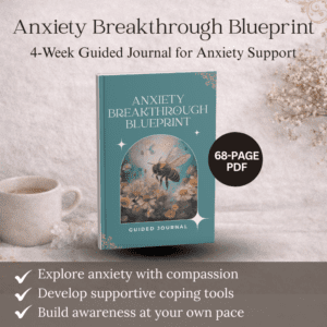 The "Anxiety Breakthrough Blueprint – 4-Week Guided Journal for Anxiety Support" is a 68-page journal designed to help manage anxiety and boost self-awareness, shown on a table with a coffee cup and flowers.