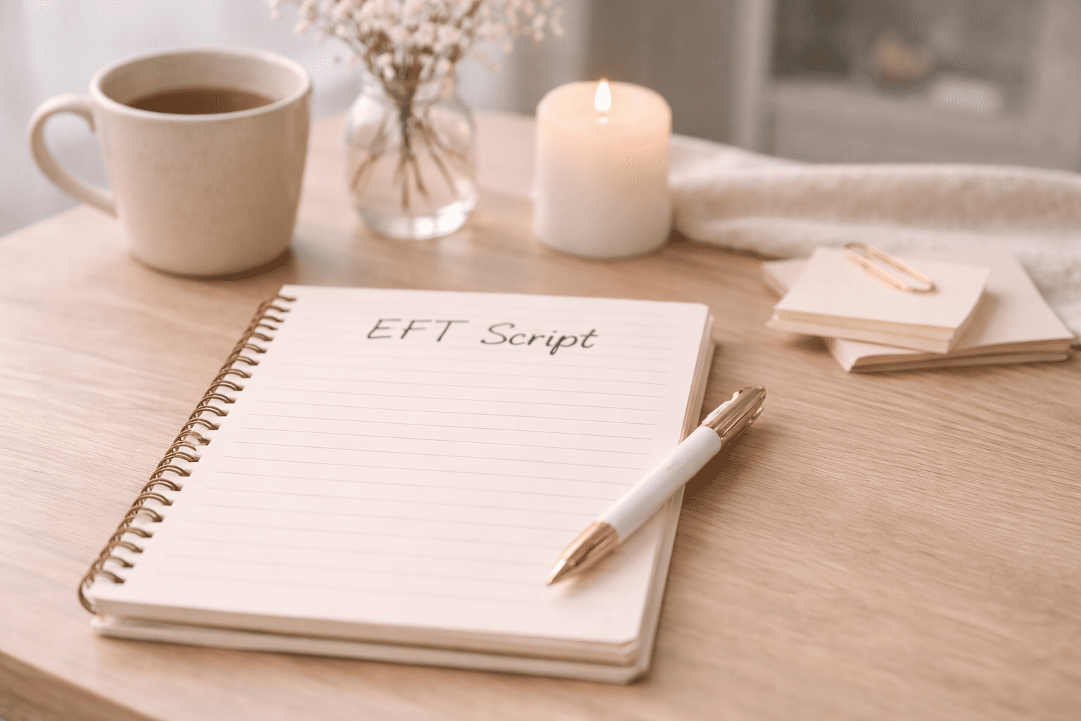 A notebook labeled "EFT Script" lies open on a wooden table, inviting you to explore tapping and the emotional freedom technique. Nearby are a pen, a cup of tea, a lit candle, flowers, and notepads with paper clips.