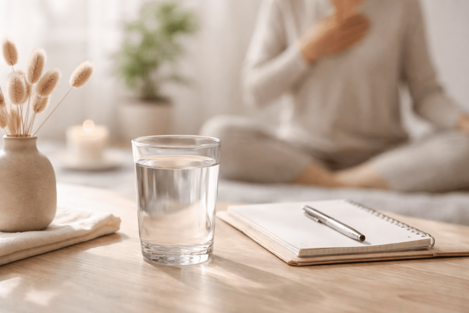 A glass of water, notebook with pen, and a vase of dried flowers on a table; in the background, a person sits cross-legged, hand on chest—practicing EFT tapping for relaxation.