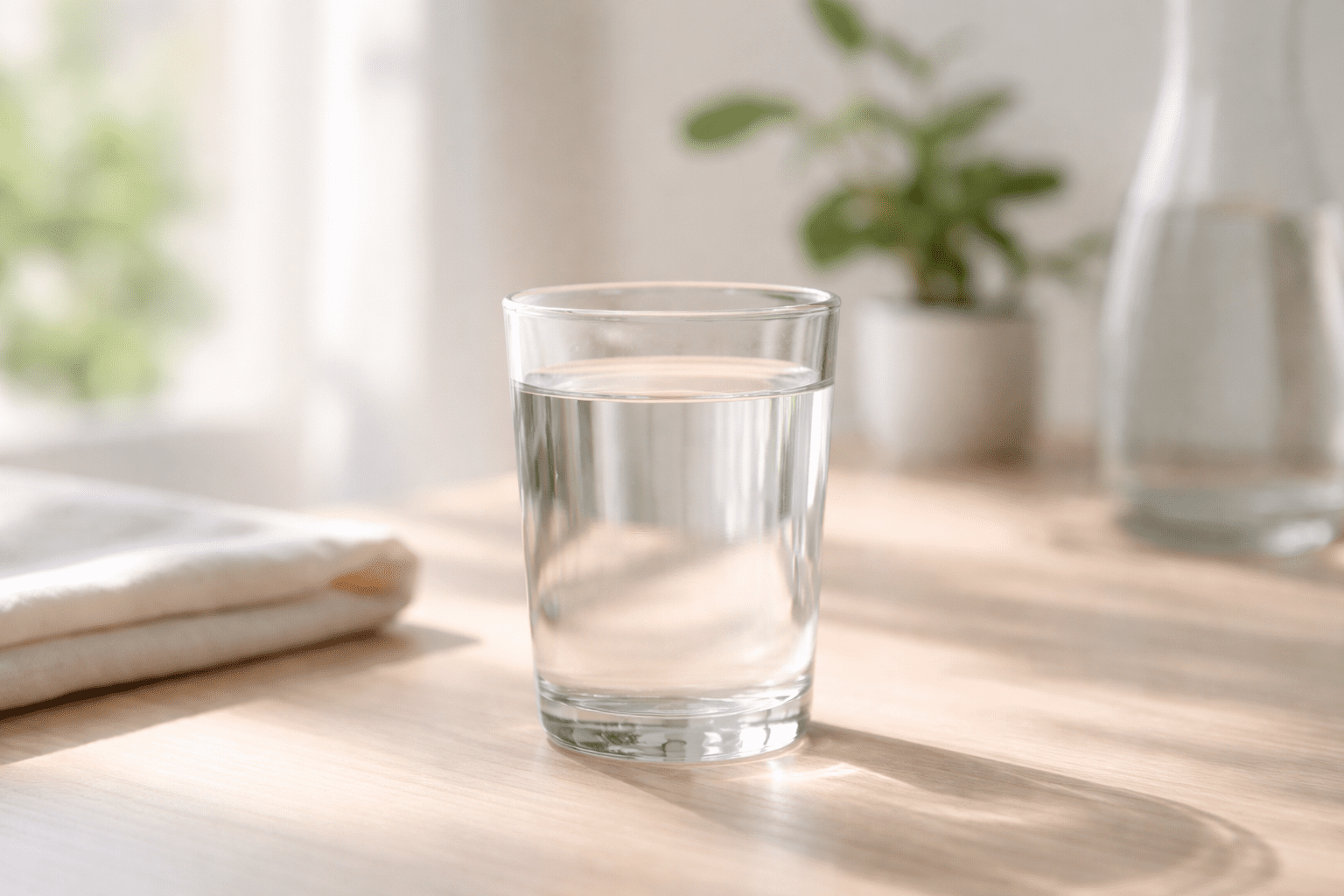 A clear glass of water sits on a wooden table in natural sunlight, with a folded napkin, a glass carafe, and a small potted plant in the background—an inviting space for practicing EFT or tapping for emotional freedom.