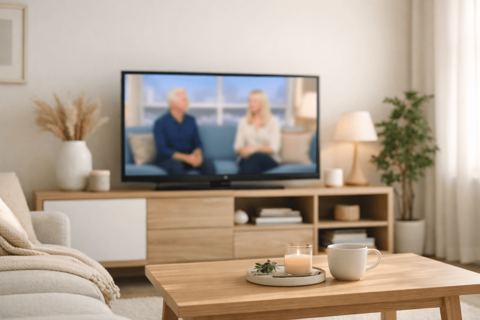A living room with a TV showing two people discussing emotional freedom technique (EFT), a wooden coffee table with a candle and cup, and modern decor including plants and lamps.