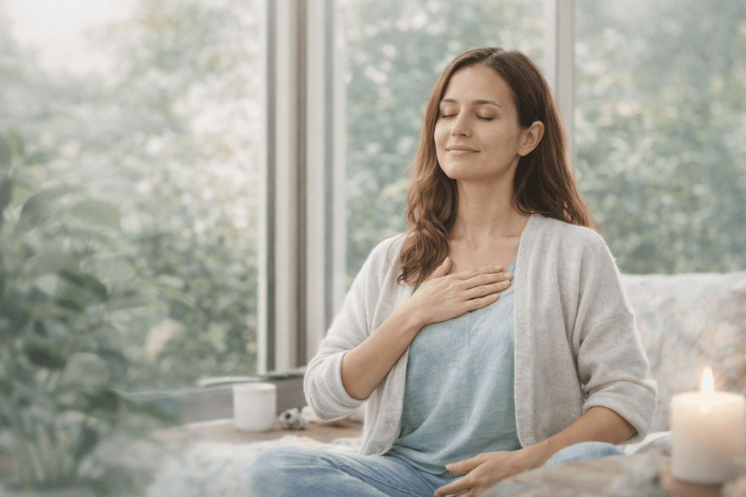 A woman practices using eft tapping scripts indoors, her hand on her chest and eyes closed, appearing calm and relaxed. A lit candle and greenery are visible in the background.