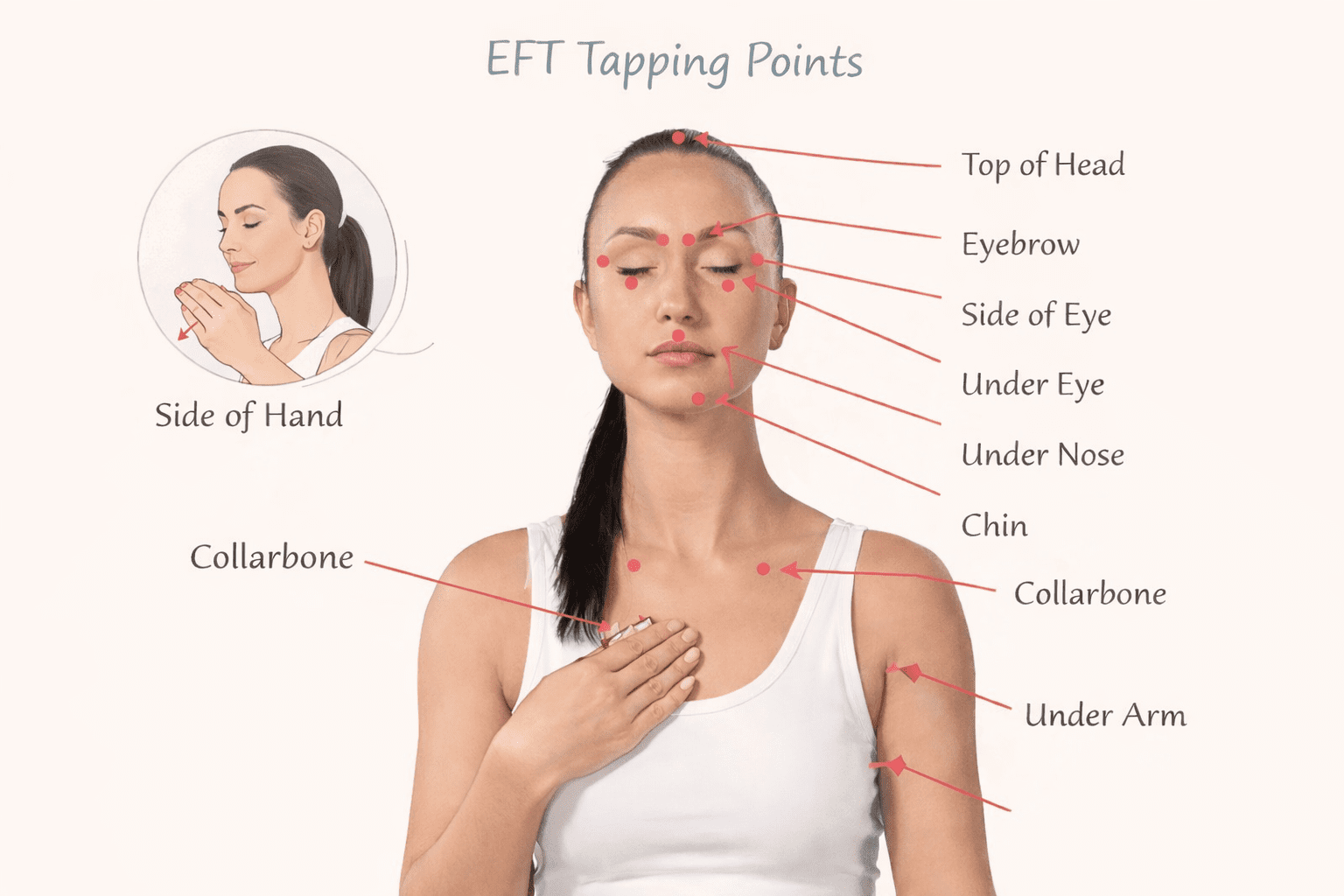 tapping-points A woman demonstrates EFT tapping points on her body, with labeled locations: top of head, eyebrow, side of eye, under eye, under nose, chin, collarbone, under arm, and side of hand.