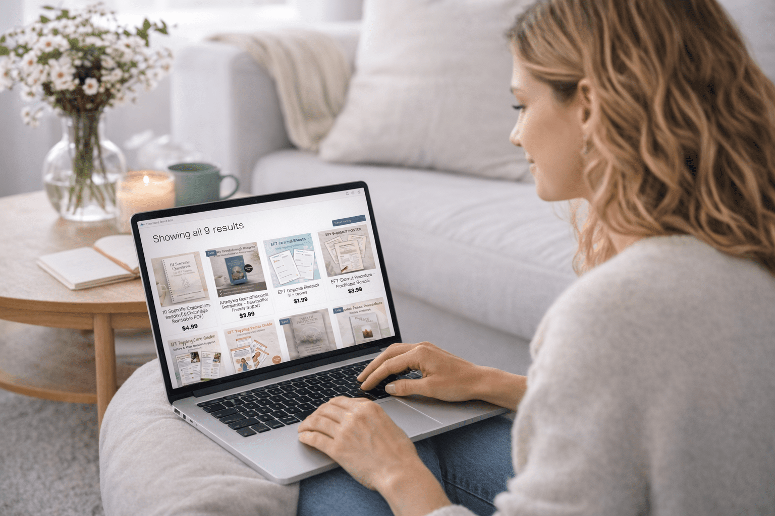 A woman sits on a couch using a laptop to browse a website displaying digital products and printable items for sale.