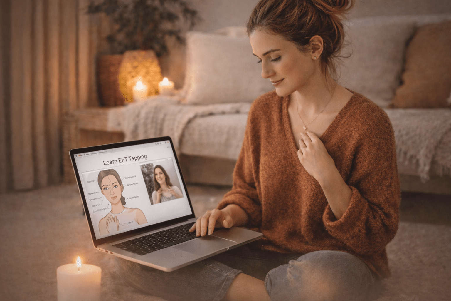 A woman sits on the floor with candles, looking at a laptop displaying an EFT tapping tutorial with a diagram and instructions.