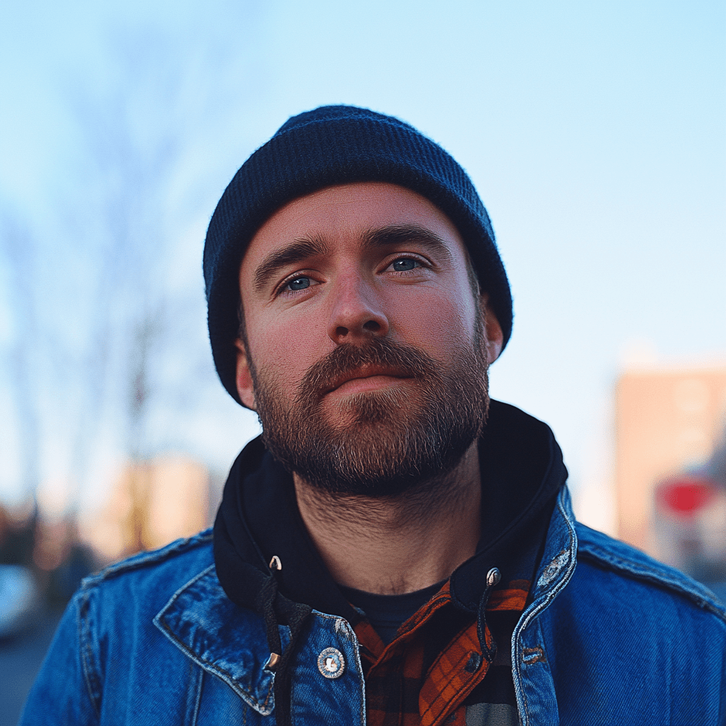A man with a beard and mustache, wearing a blue knit hat, denim jacket, and plaid shirt, stands outdoors with a blurred urban background.