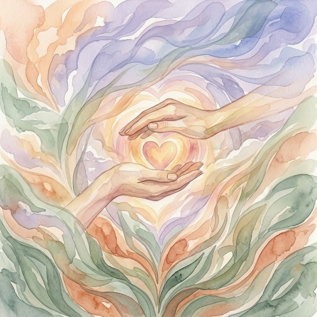 Watercolor illustration of two hands surrounding a glowing heart shape, with abstract swirling colors and leafy patterns in the background.
