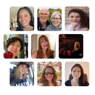 A collage of nine individual portrait photos featuring men and women of various ages, all smiling or posing for the camera against different backgrounds.