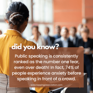 A woman speaks to an audience, with text stating that public speaking is the number one fear, and 74% of people experience anxiety before speaking in front of a crowd.