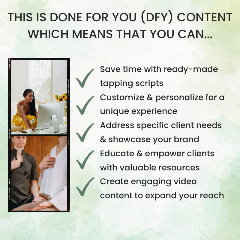 Three images of people interacting appear next to a checklist highlighting the benefits of the 60 EFT Tapping Scripts Bundle for anxiety, weight loss, stress, and sleep—including saving time and engaging clients with ready-made content.