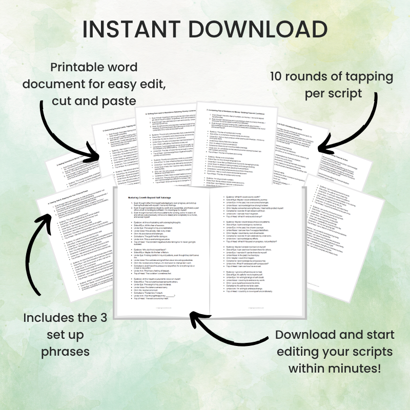 Image displays the 60 EFT Tapping Scripts Bundle for anxiety, weight loss, stress, and sleep, featuring easy editing, 10 tapping rounds per script, setup phrases, and instant download.