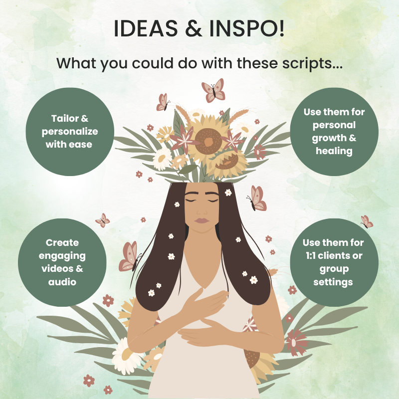 Illustration of a woman with flowers and butterflies, plus four text bubbles showing ways to use the 60 EFT Tapping Scripts Bundle for anxiety, weight loss, stress, and sleep: tailoring scripts, personal growth, video creation, or client sessions.