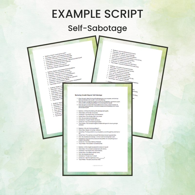 Three pages from the "60 EFT Tapping Scripts Bundle - Anxiety, Weight Loss, Stress, Sleep" are shown on a light green watercolor background with the heading "EXAMPLE SCRIPT Self-Sabotage" above them.