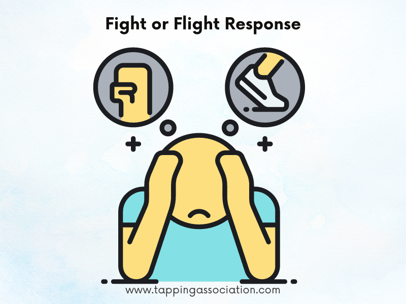 Illustration of a person holding their head, with thought bubbles showing a fist and a running shoe, representing the fight or flight response.