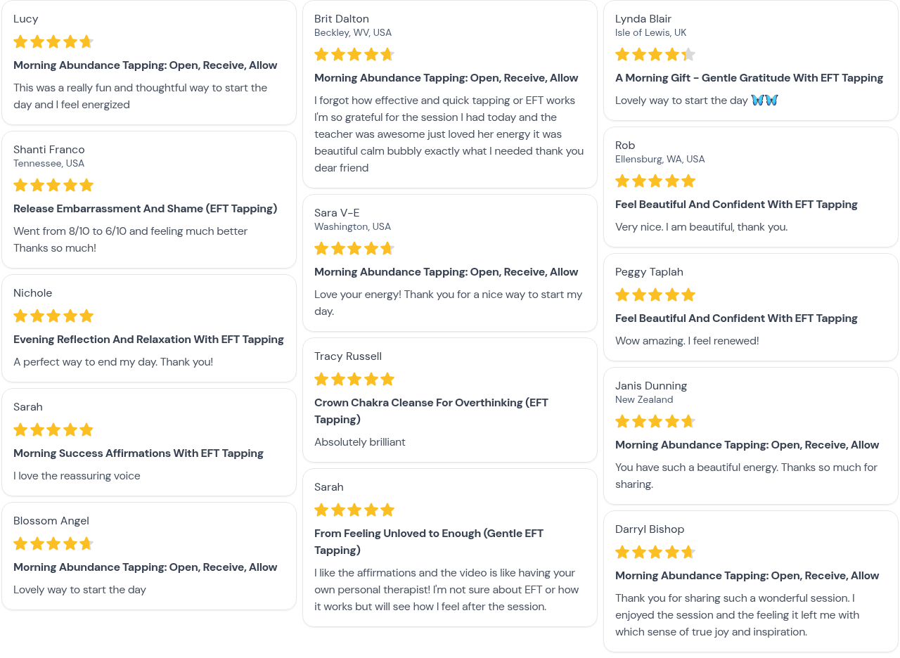 Screenshot of customer reviews for Morning Abundance Tapping, highlighting positive feedback and five-star ratings from various users.
