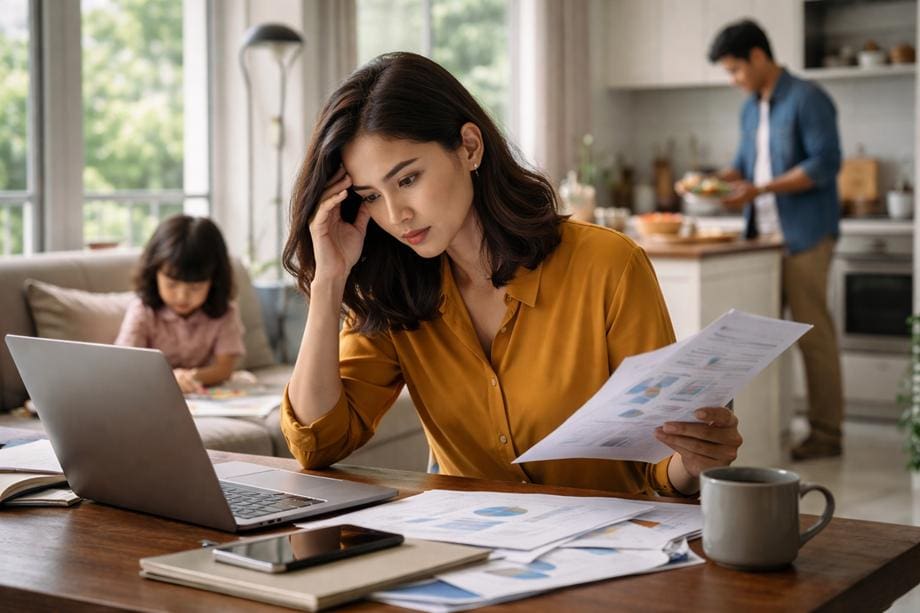 Woman in yellow shirt reviews papers at a desk with a laptop, looking stressed. A child is behind her, and a man cooks in the kitchen.